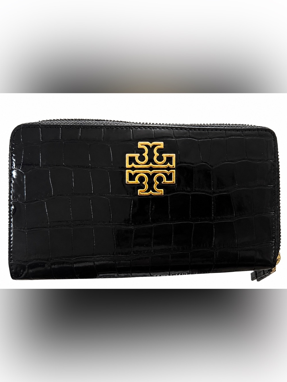 Tory Burch Black Croc-Patent Zip around with Gold Logo